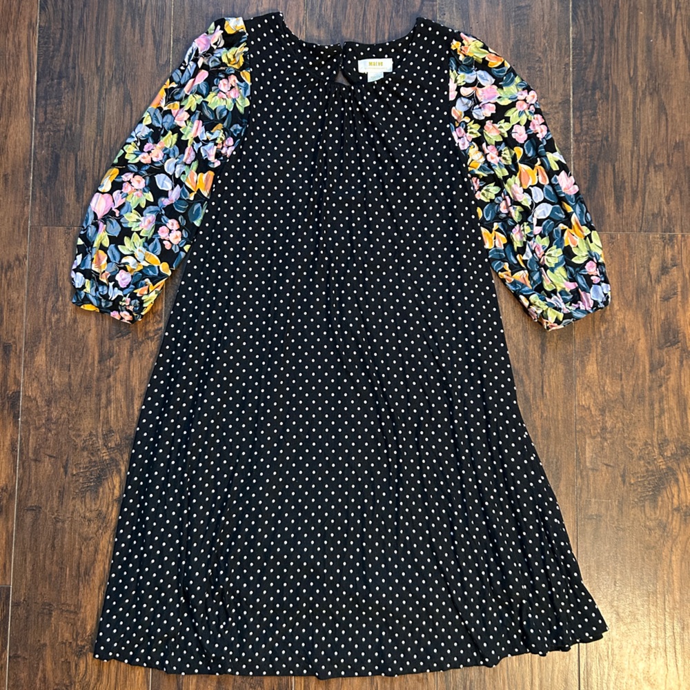 Anthropologie Black Polka Dot Mini Dress with Floral Sleeves